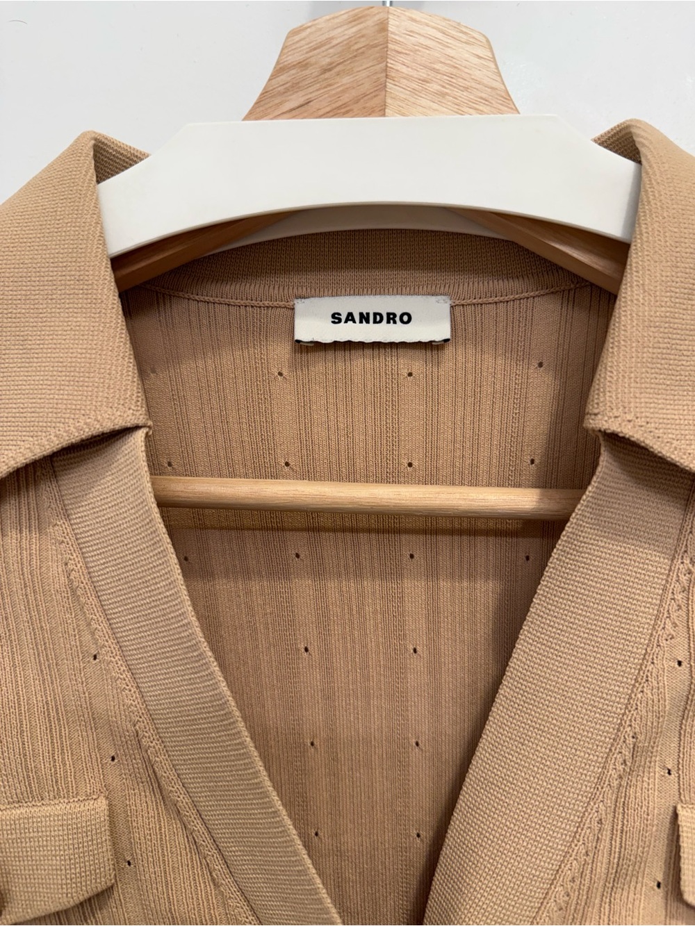 Sandro Camel Ribbed Knit Button-Front Top - Picture 2 of 5
